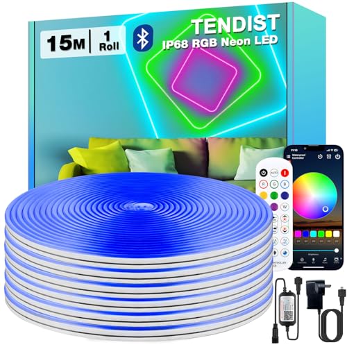 TENDIST 15M RGB Striscia LED Neon Flessibile, IP68 Strisce LED da Esterno Bluetooth con Smart App e Telecomando, 24V Neon Strip con Sinc Musicale per Terrazza, Balcone, Giardino, Camera (15M*1)
