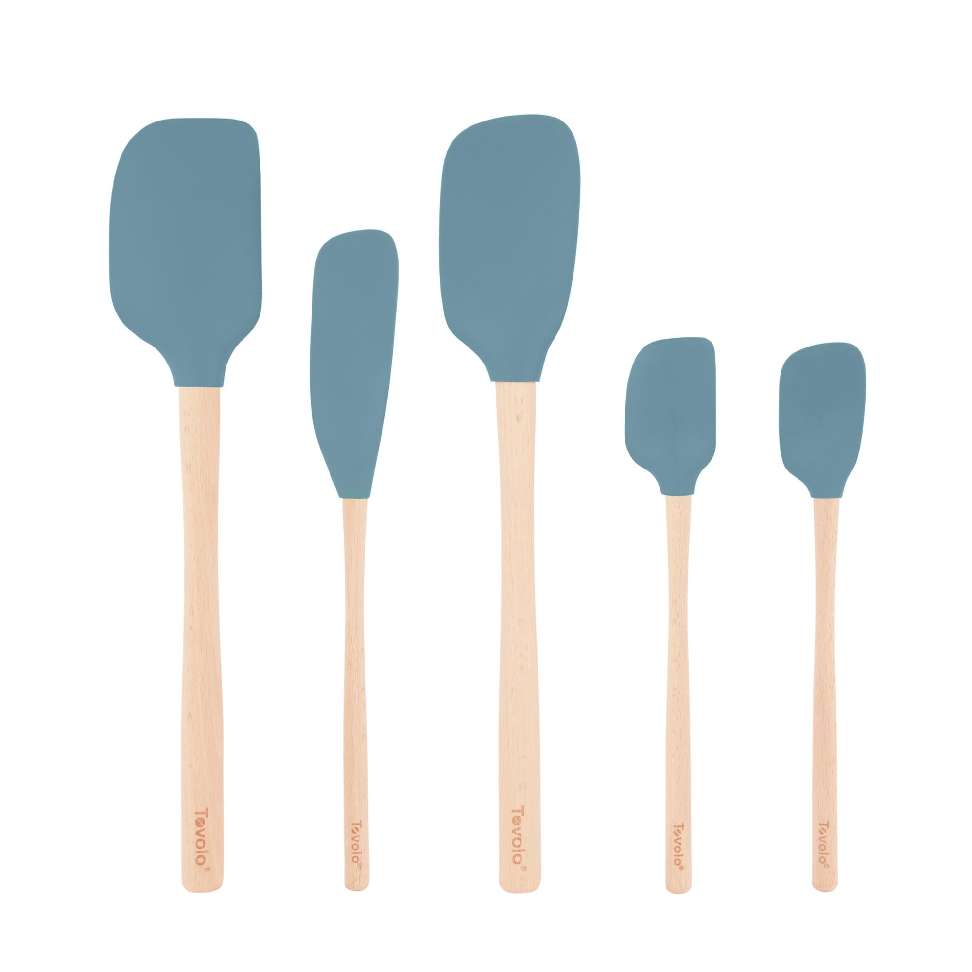 Tovolo Blue Slate Silicone Spatula With Wooden Handle Set Of 5 Piece Silicone Kitchen Utensil Set Spoonula Jar Scraper Mini Spatula And Spoonula For Cooking Baking Mixing Folding