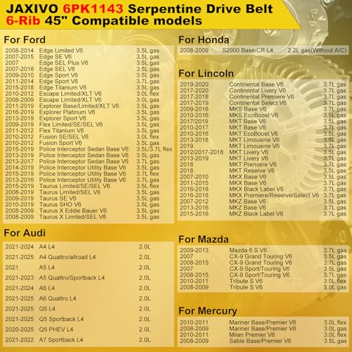 Image of 6PK1143 Serpentine Belt V-Ribbed Drive Belt for 07-18 Edge 3.5L,08-12 Escape 3.0L,11-19 Explorer V6,09-19 Flex /Taurus,09-16 MKS,07-18 MKX,07-15 CX-9 3.7L,21-25 A4 /A6 /Q5 2.0L,Replace 1060450
