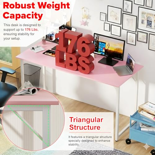 Image of PayLessHere | 55 Inch Computer Desk | Pink | Office Desk with Metal Frame, Adjustable Feet | Water-Resistant, Scratchproof Surface | Sturdy Writing Table for Home Office or Study | Pack of 1