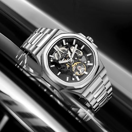 Image of ROCOSJEWE Classic Luxury Blue Dress Watch for Men, Automatic Mechanical Wristwatch, Water-Resistant, Date Display, Luminous Skeleton Dial, Stainless Steel Bracelet, Gift for Men R0139