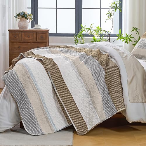 Image of Andency King Size Quilt Set Caramel Brown, 3 Pieces Summer Ultra Soft Lightweight Bedspreads & Coverlets Set, Patchwork Striped Quilted Bedding Sets for All Seasons (1 Quilt, 2 Pillow Shams)