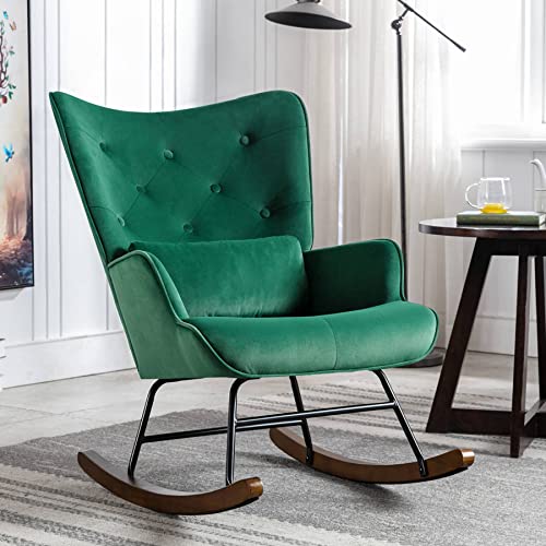 Image of YOUTHUP Velvet Rocking Chair Indoor Mid-Century Modern Tufted Winback Rocker Chair with Solid Wood Base Comfy Tall Back Glider Rock Armchair for Living Room, Nursery, Balcony, Green