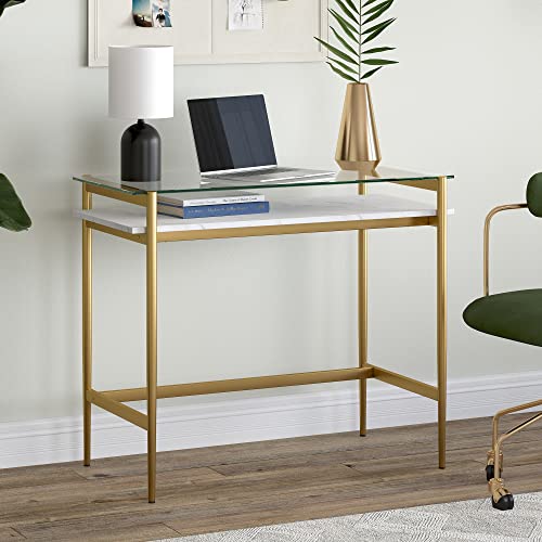 Eaton Rectangular 36'' Wide Desk With Faux Marble Shelf In Brass/Faux Marble #TOP27
