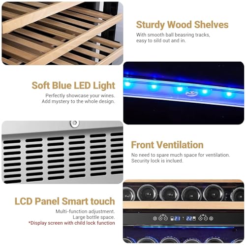 Image of AAOBOSI 24 Inch Wine Cooler,46 Bottle -Dual Zone Built-in or Freestanding with Blue LED Light and Adjustable Shelves for Home,Kitchen or Office.