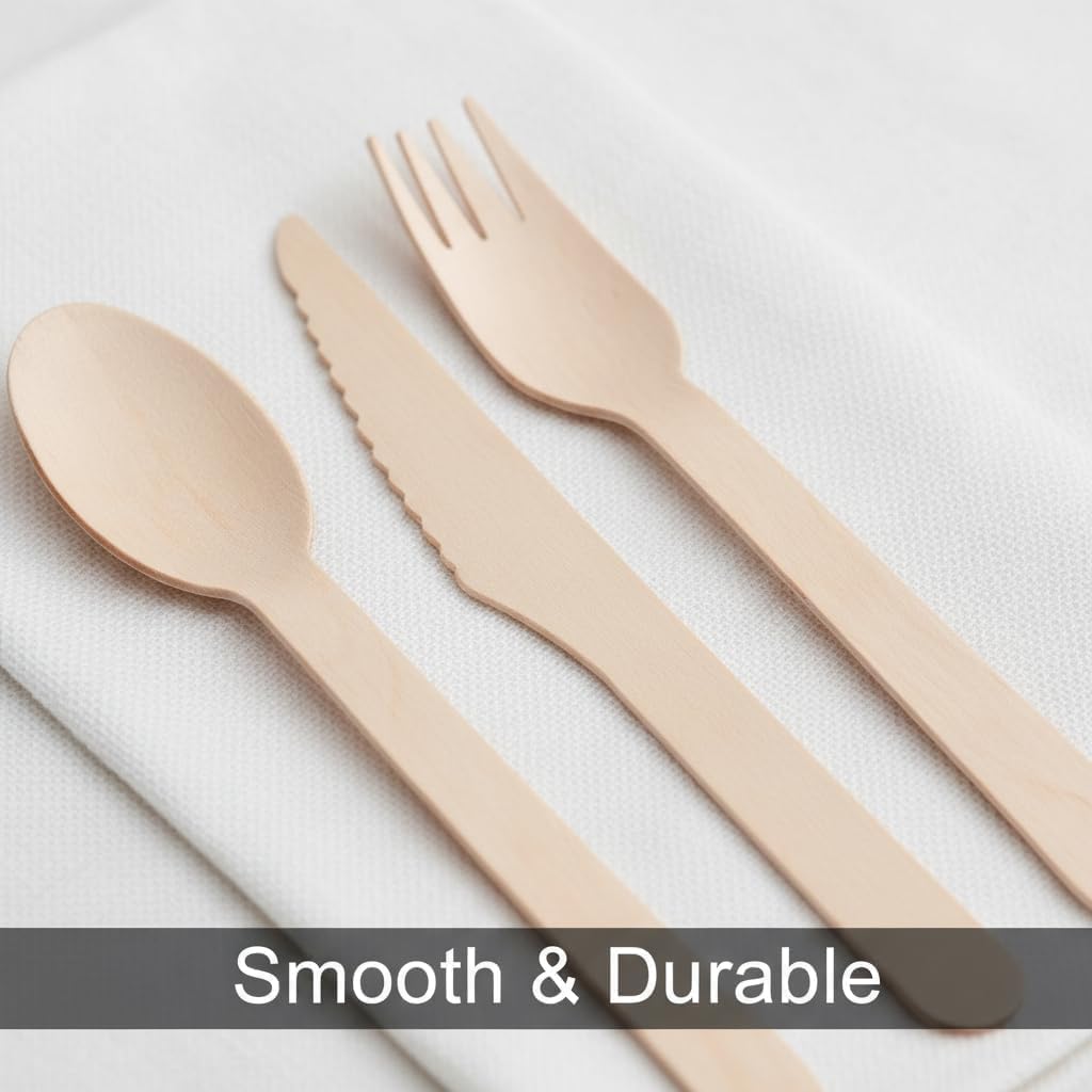 100% Compostable Cutlery Set - 500 Pieces Wooden Compostable Utensils [200 Forks, 200 Spoons, 100 Knives] - Disposable Wooden Cutlery, Eco Friendly Forks & Spoons Disposable Cutlery Set Party Utensils