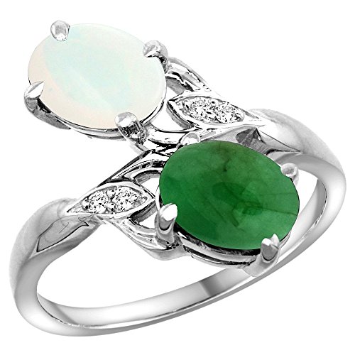 10K White Gold Diamond Natural White Opal & Cabochon Emerald 2-Stone Ring Oval 8x6mm, Size 6