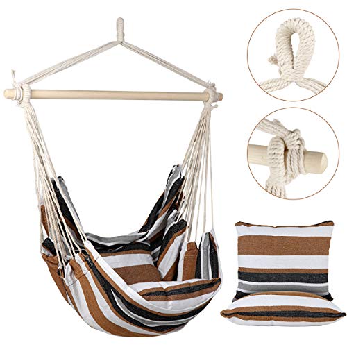 E EVERKING Hanging Rope Hammock Chair Swing Seat with Two Seat Cushions and Carrying Bag, Cotton Weave Porch Swing Chair for Indoor, Outdoor, Garden, Patio, Porch, Yard, Max 265 Lbs