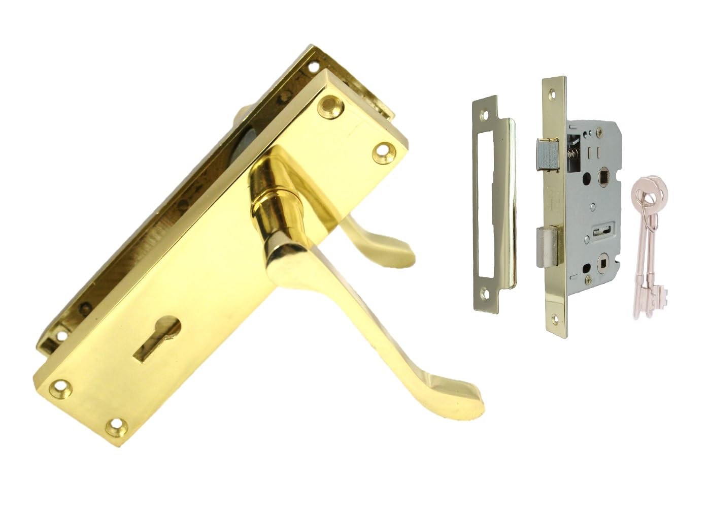 Epsom Door Handle Yellow Brass Door Handles Interior Door Handles - Victorian Scroll Lock Handles & 3 Lever Sash Lock, Door Handles Multipack, Door Handles Set (1 Pair Of Lock Handles + 3 Lever Mortice Sash Lock)