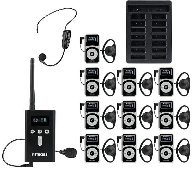 Retekess T130P (T130 3rd) Sistema de Audioguía Inalámbrico, Reducción de Ruido Mejorada, Sistema de Guía Turística Whisper, 160m, para Visita a Fábrica (1 Transmisor 10 Receptores)