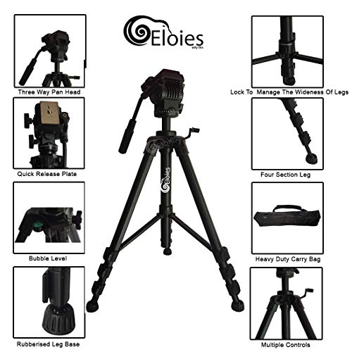 Image of Eloies EL972 Professional Series Heavy Duty Tripod | Three Way Pan Fluid Head | Aluminium Made Adjustable with Cannon Nikon Sony Olympus Camera and Mobile Phones Max Height 6.7 Feet.