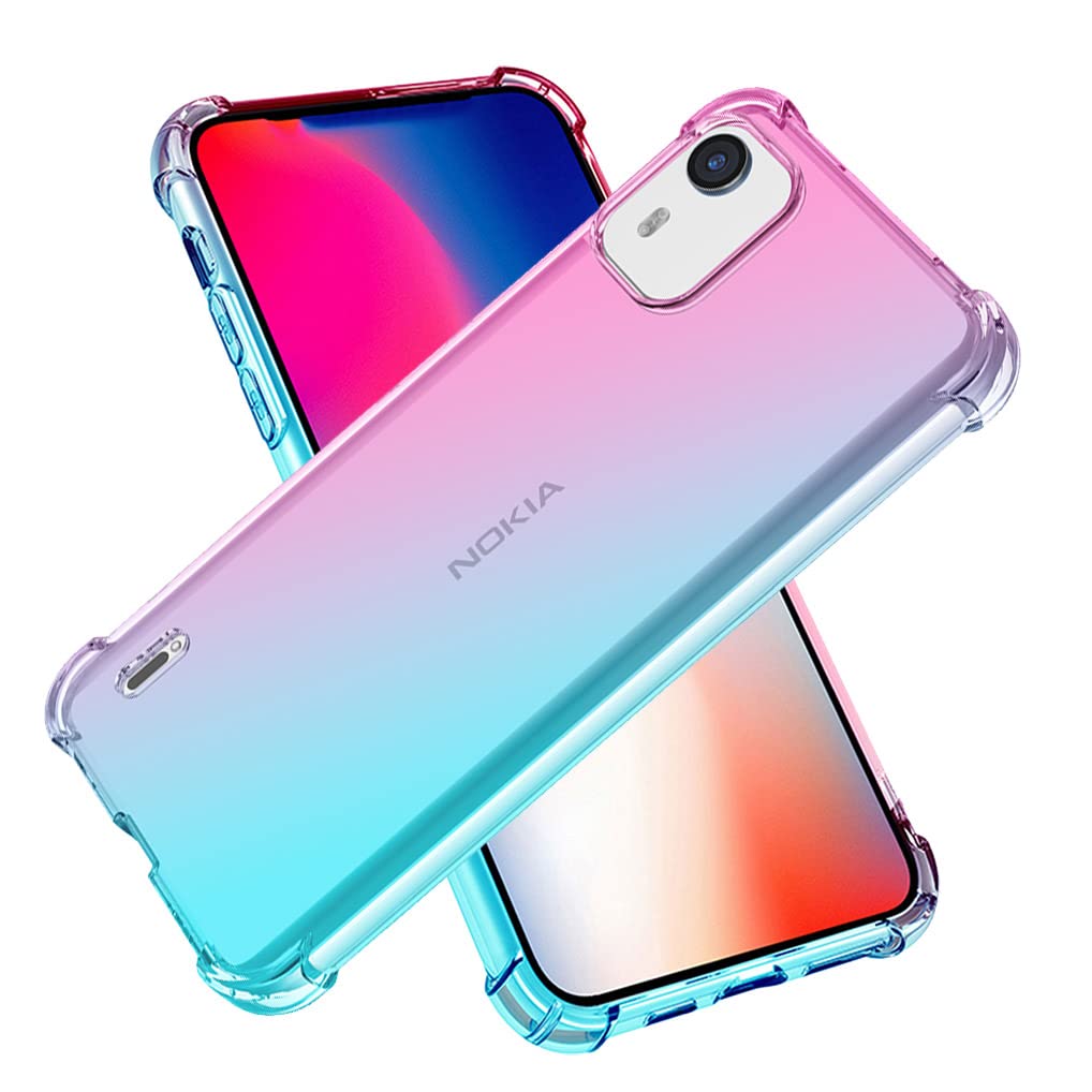 Cover Per Nokia C12 In TPU Sfumato – Rosa E Verde, Morbida, Antiurto, Anti-graffio, Con Bordi Rialzati