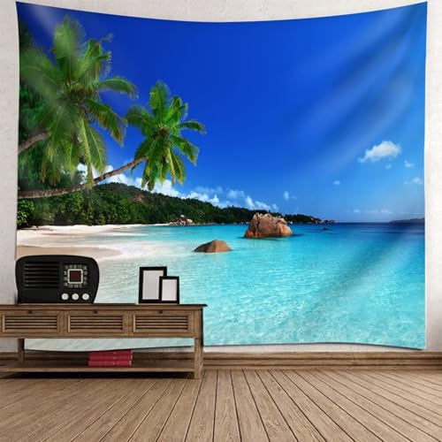 Aotiwe Tapiz estético para dormitorio, divertido tapiz de pared, mar, playa, palmeras, paisaje, azul, verde, bohemio, retro, 210,8 x 139,7 cm