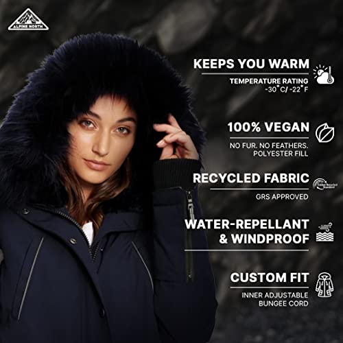 Alpine North Women's Vegan Down Long Parka Winter Jacket, Navy, X-Large #TOP4