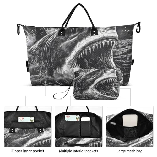 Large Travel Duffel Bag, Shark Attack Sports Tote Gym Bag, Shoulder Weekender Overnight Bag for Women Men, Carry On Luggage with Toiletry Bags2