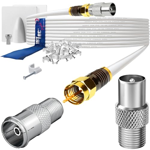 1STec 15m Self Install Digital TV Male to M/Female Gold Plated F-Connector Cable for FreeView HD Freesat BT YouView Satellite Dish or Rooftop Aerial to Wall Box Plug or Socket Lead (15 Metre, White)