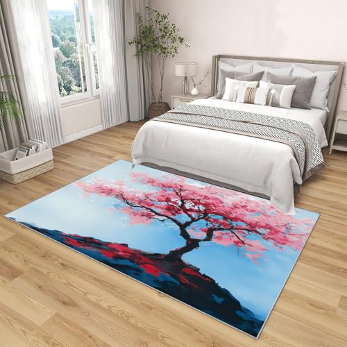 Tapis de paysage chinois antidérapant et lavable en machine rose