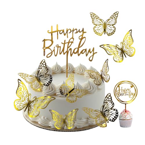 JOIYHY 26 Pièces Decoration Gateau Anniversaire,Papillon Decoration Gateau,Cake Topper pour Décorer Le Gâteau d'anniversaire pour Enfants, Adultes, Mère(Or)