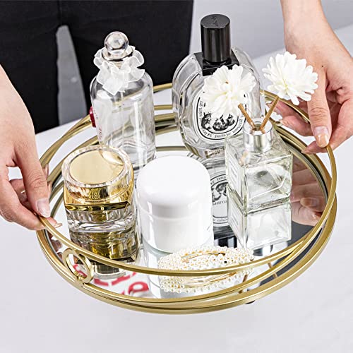 Maoname Gold Mirror Tray, 10 Inch Round Mirror Tray, Modern Metal Gold Tray, Perfume Tray For Dresser, Ornate Vanity Tray, Jewelry Organizer Tray, Decorative Tray For Makeup, Bathroom, Bedroom #TOP4