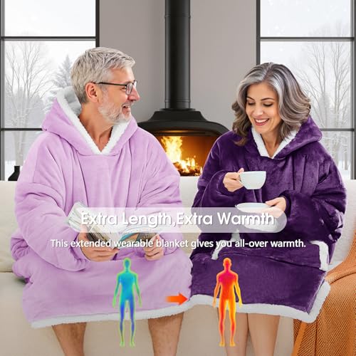 JOYWOO Purple Wearable Blanket Hoodie,Oversized Cat Lovers Sweatshirt Blanket for Adult & Teens,Birthday Gifts for Women Men Mom Girl Boys,Cozy Sherpa Blanket Giant Pocket Gifts,Dark Purple Small