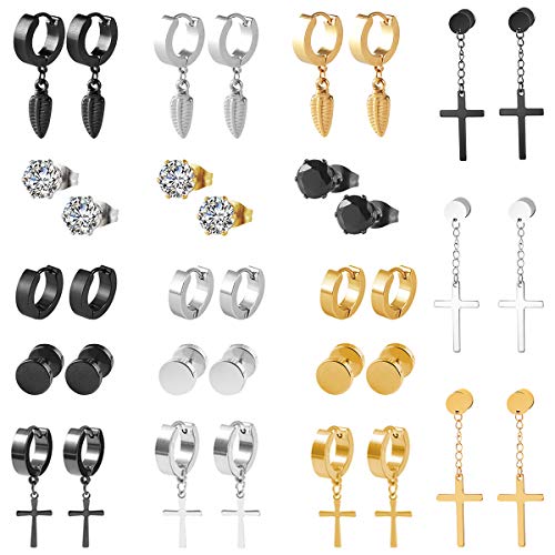 18 Pairs Stainless Steel Mens Earrings Piercing Crystal Hinged Earrings Cross Dangle Earrings Studs Cross Earrings for Men Women Boys Hoops Earrings Clip on Earrings Black Gold Silver Earrings Set