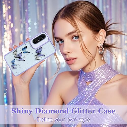 Image of VONZEE for Samsung Galaxy A57 Clear Glitter Butterfly Case, Cute Bling Sparkle Shiny Soft Silicone TPU Bumper Shockproof Women Girls Slim Protective Phone Cover for Samsung Galaxy A57, Purple