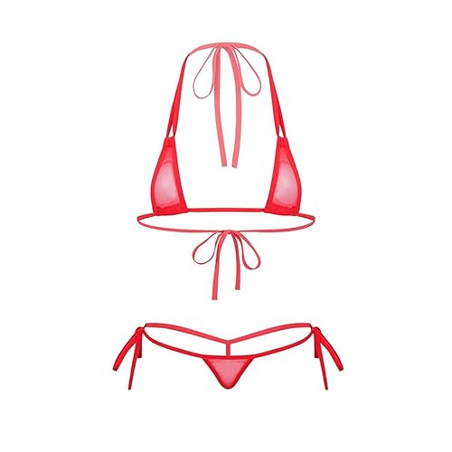 ZTie Women’s Sheer Extreme Swimsuit Bikini Halterneck Top and Tie Sides Micro Bikini Thong Sets - One Size - Red