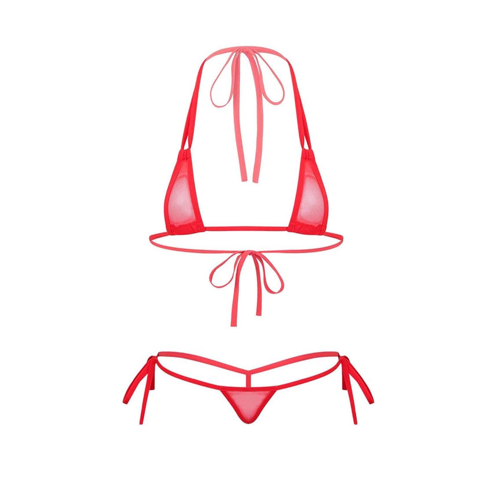 Women’s Sheer Extreme Swimsuit Bikini Halterneck Top and Tie Sides Micro Bikini Thong Sets