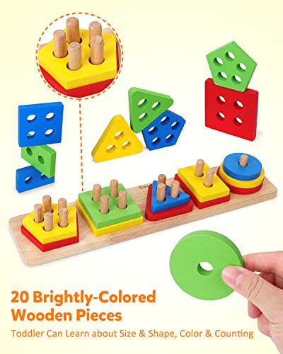 Coogam Wooden Sorting Stacking Toys, Shape Color Recognition Blocks Matching Puzzle Stacker Montessori Geometric Board Early Educational Puzzles for Years Old Boys and Girls - Image 3