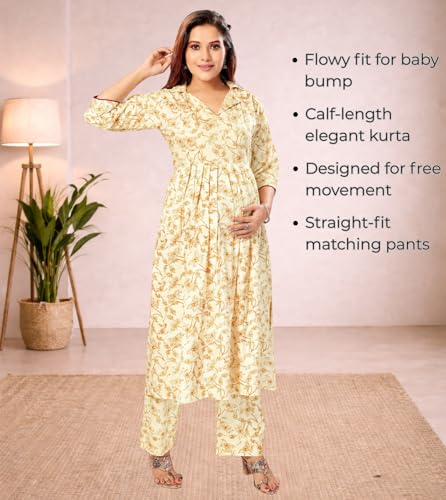 Image of Momenta Women's Pure Cotton Maternity Kurta Set | Feeding Kurti with Concealed Zippers | Maternity Dress for Pre & Post Pregnancy