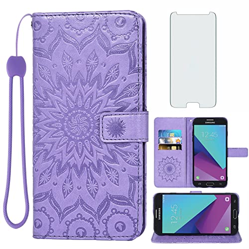Phone Case for Samsung Galaxy J7 Prime 2017 J 7 Skypro Sky Pro J7V V S727VL Wallet with Tempered Glass Screen Protector Leather Flip Cover Card Holder Cell Glaxay Halo 7J Perx J7prime Women Purple