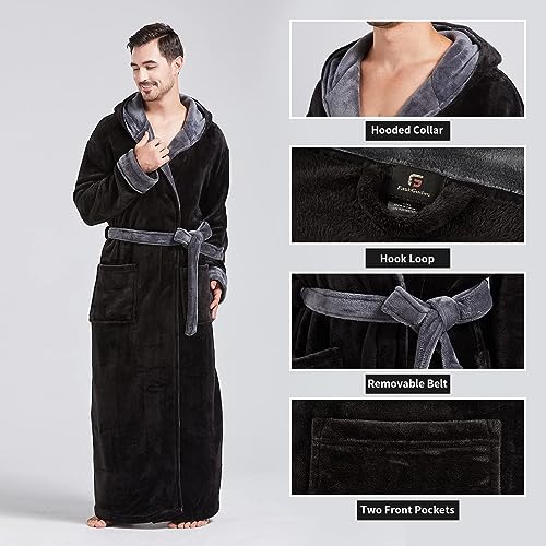 FashGudim Mens Robes Big and Tall with Hood Two-Tone Flannel Fleece Contrast Bathrobe Full Length Plush Long Robe House Coat3