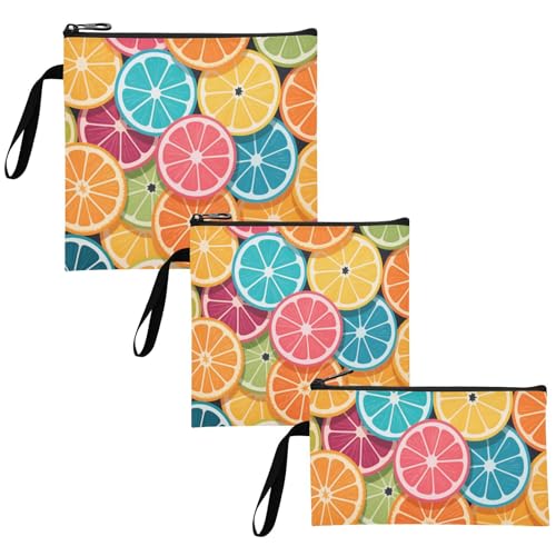 Colorful Cartoon Orange Fruits 3 Pcs Reusable Zipper Snack Bags Portable Food-Safe Storage Zipper Bag for Candy, fruits, Cereal, Home Organization
