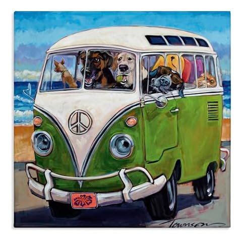 Stupell Industries Dogs Driving Retro Van Summer Beach Trip Canvas Wall Art, 17x17, Multicolor Cover