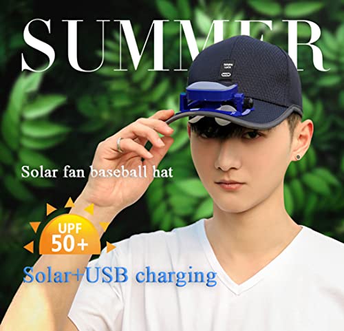 Image of Mens Baseball Cap with Solar Fan, Summer UV Protection Wide Brim Sun Hat Mesh Beach Hats, Solar Powered /USB Charging