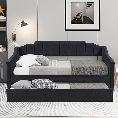 LCH Twin Size Upholstered Daybed with Trundle, Padded Back, Space Saving Furniture for Bedroom Living Room, Black