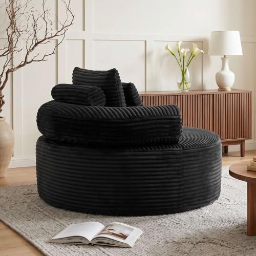 Image of Trustyue Boneless Couch,Comfy Fluffy Sofa Bed,Upholstered Sleeper Sofa with Cup Holder and Throw Pillows,Corduroy Plush Cloud Lounge Chair (Black, Corduroy)