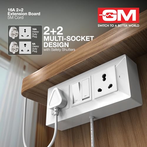 Image of GM Cuba 16A 2+2 Extension Board with 5Mtr Extension Cord, Heavy-Duty Power Strip with Dual 20A Switches, 16A 3-Pin Plug, for High-Power Appliances, Home, Kitchen & Office Use, White