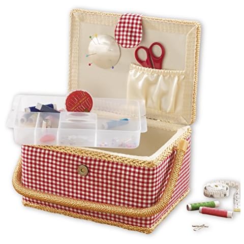EASYmaxx Sewing Box | Country House Style | Useful Insert with Storage compartments | Including 76-Piece Accessories [red and White] Cover