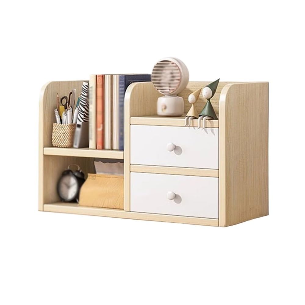 AYCDL Bookcase Desktop Bookshelf with 2 Drawers, Synthetic Board Desk Shelves, Freestanding Home and Office Supplies Storage Display Shelf Desk Tidy Organiser Display