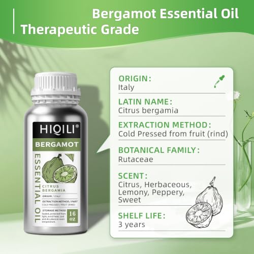 Image of HIQILI Bergamot Essential Oil Large Capacity for Hotel, Beauty Salon, SPA | Creates Soothing & Calming Atmosphere for Home & Office, Calms Your Mind, and Works for Skin, DIY & More -500ml / 16 fl oz