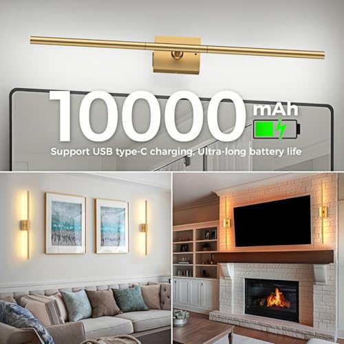 Image of Battery Operated Wall Sconces Set of Two: Dimmable Wireless Wall Lights with Remote, 31-inch LED Rechargeable Sconces, 360 Lighting Wall Scone Decor for TV, Mirror, Bedroom, Living Room(Gold)