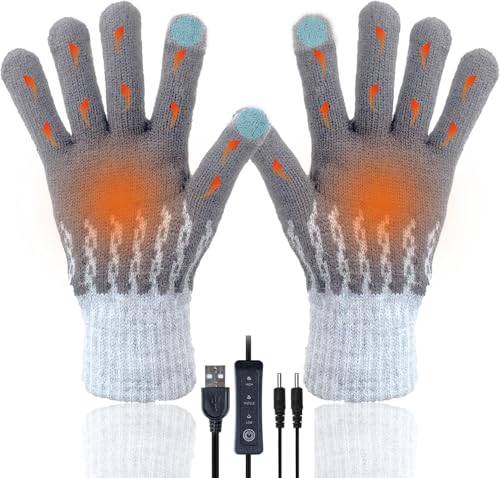 USB Beheizte Handschuhe für Männer Frauen Winter Hände Warm Handschuh Vollhände Touchscreen Laptop Stricken Heizung Fäustlinge Einstellbar und Waschbar Thermohandschuh für Innen Außen (Gris)