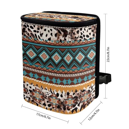 Image of Southwestern Tribal Aztec Cowhide Hanging Trash Can for Car,Leak Proof Multipurpose Trash Bin Can with Lid,Universal Fit Most Vehicle