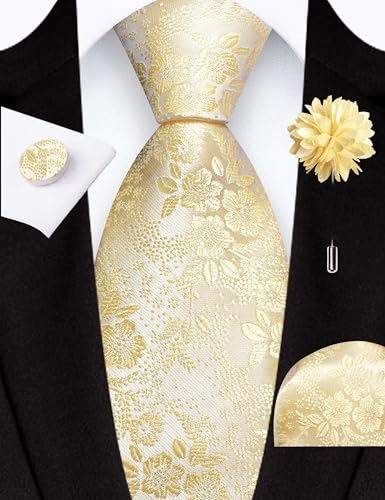 Image of GUSLESON 3.15 inch(8cm) Mens Floral Tie and Lapel Pin Necktie Hankerchief Cufflinks Set for Men