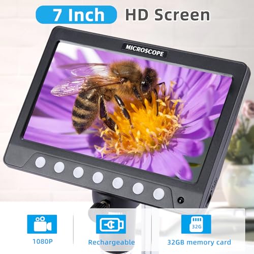 Image of 7 Inch 1080P Digital Microscope,1200X Magnification,8 LED Lights,32GB TF Card Included, Rechargeable Battery, Handheld USB Microscope Camera for PCB Repair,Soldering, Coin,Stamp,Jewelry Inspection