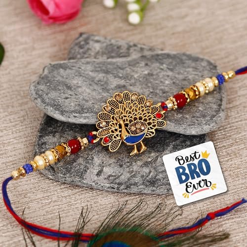 Image of eCraftIndia Multicolor Dancing Peacock Designer Rakhis, Best Bro Ever Fridge Magnet with Roli Chawal Pack - Rakhi for Brother, Bhaiya, Bhai