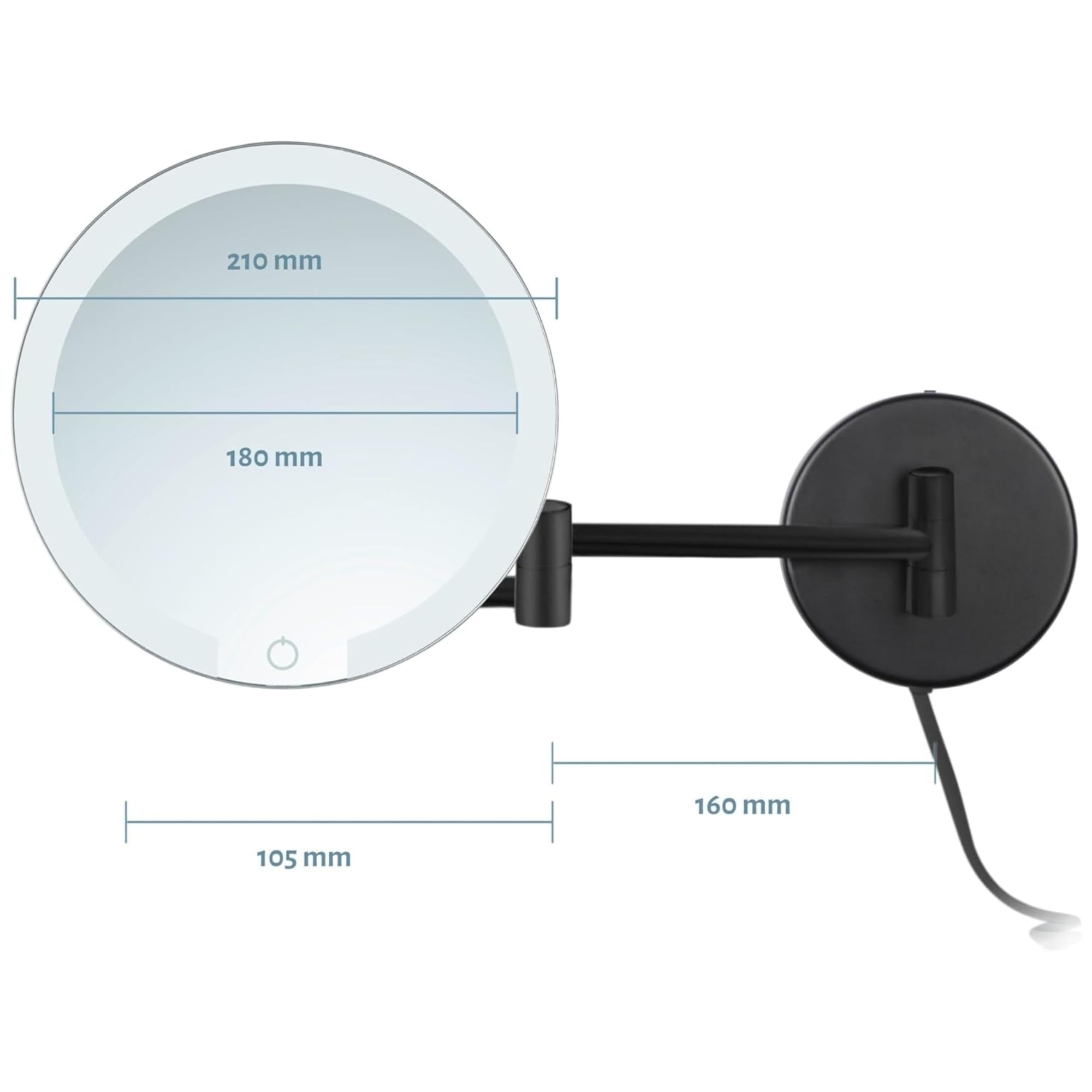 LED beleuchteter Kosmetikspiegel Ravenna Vergrößerungsspiegel rund 7-Fach Vergrößerung Schmink-Spiegel mit Beleuchtung Wandmontage Dimmer Auto-Off Kabel Rasierspiegel mit Licht (schwarz)