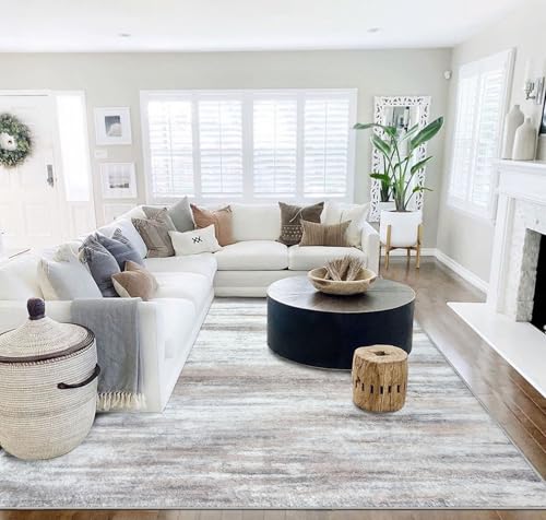 KOZYFLY 9x12 Area Rug Modern Ombre Thin Rugs for Living Room, Washable Rugs Large Non-Slip Soft Striped Rug for Bedroom, Print Distressed Beige Abstract Carpet for Laundry/Kid Room
