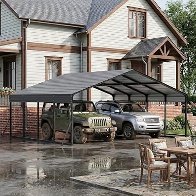 ALAULM 20x20FT Metal Carport w/Galvanized Steel Roof? Heavy Duty Car Port with Reinforced Support Rods & Windproof Anchors, All-Weather Outdoor Garage for 2 Car, Truck, RV, Boat, Tractor